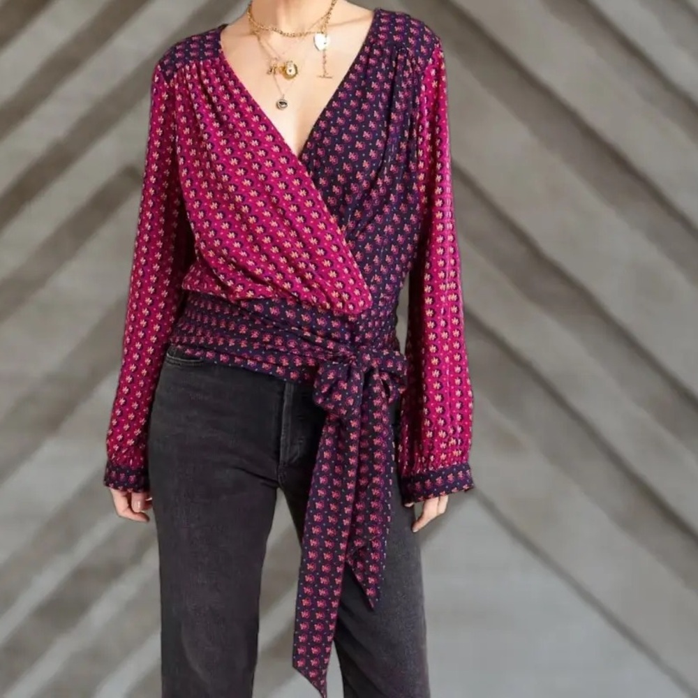 Anthropologie Faux Wrap Blouse Puff Sleeve Red Print